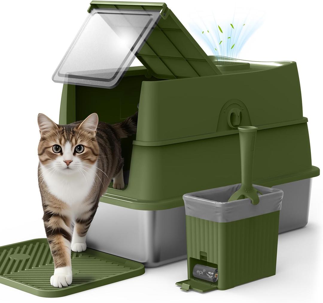 Stainless Steel Litter Box | Enclosed Cat Litter Box with Lid for Big Cats