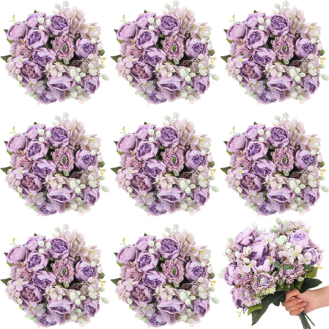 Crowye 16 Bundles Artificial Peony Silk Flower Hydrangea Fake Peony Bouquet Elegant Faux Flowers with Stems for Wedding Table Centerpiece Party Home DIY Decoration (Purple)