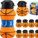 Layhit 8 Pcs Basketball Water Bottles 18oz Collapsible Basketball Water Cups for Kids Silicone Sport Party Favors for Players Lovers School Team Gifts Travel Sport Theme Party Accessories