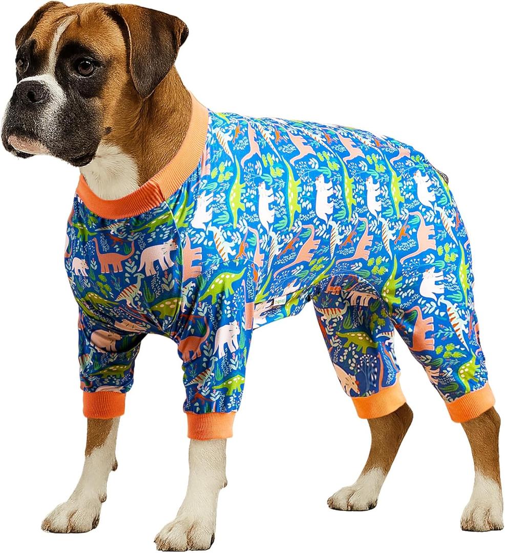 LovinPet Large Breed Dog Clothes Pajamas, Wound Care/Post Surgery Full Coverage Shirt, Dinosaur Land Blue Print, Lightweight Stretchy Knit Pullover Dog Onesie, Pet Pajamas for Dogs, Pet PJ's, XL (Orange)