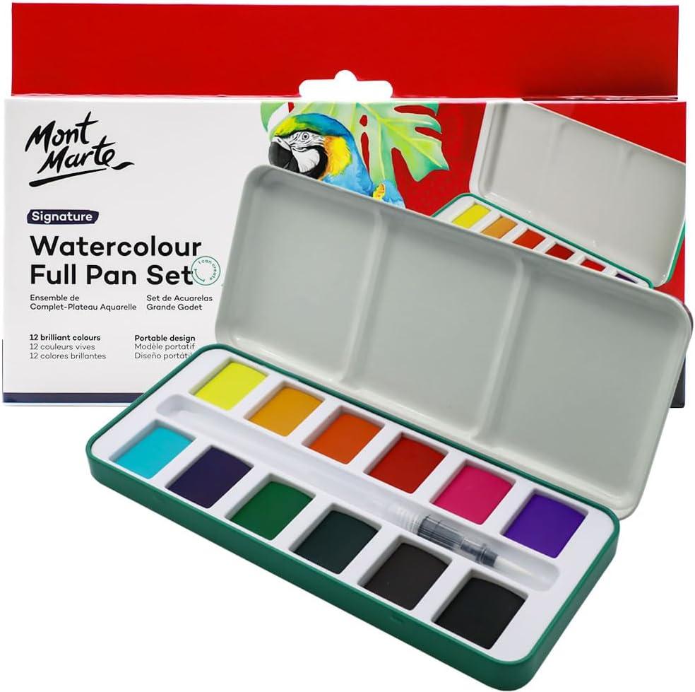 Mont Marte Watercolor Set Full Pan Signature 13pc in Tin, Vibrant, Multi-Color with Translucent Finish, Portable Watercolor Set (12 Count (Pack of 1), 12 Basic Color)