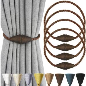 4 Pack Magnetic Curtain Tiebacks Rope Modern Handmade Curtain Tie Backs Decorative Drapes Weave Holdbacks for Window Dcor, Coffee