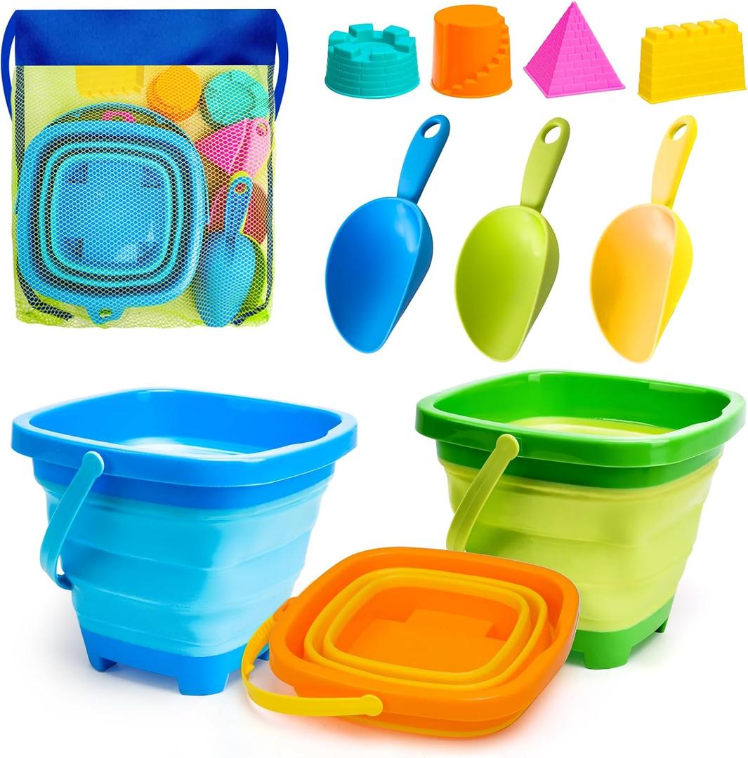 AuntyFey Collapsible Beach Toys Sand Toys for Toddlers 1-3, Beach Toy Sand Toy for Kids Ages 4-8, Collapsible Beach Sand Buckets Toys for Kids, Sandbox Toys for Toddler with Castle Sand Mold Shovel