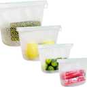 Reusable Silicone Food Storage Bags (Set of 4), Dishwasher Oven Microwave Freezer Safe, Eco-Friendly Leakproof Sous Vide Bags, Premium Lunch Containers, 2 Sandwich 1 Lunch & 1 Half-Gallon, Clear