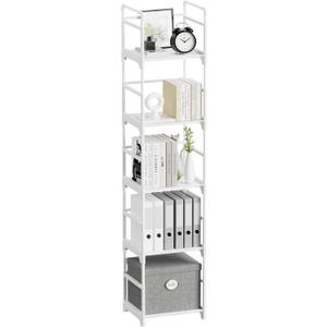FIDUCIAL HOME 5 Tiers Narrow Bookshelf White Skinny Book Shelf Slim Thin Open Bookcase Small Spaces for Space Saving Easy Assemble