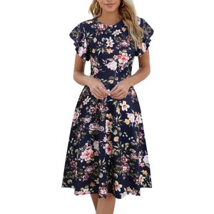 HELYO Women's Semi-Formal Ruffle Sleeves V-Back Work Fit and Flare Cocktail Knee Length Dress with Pockets 842 (Medium)
