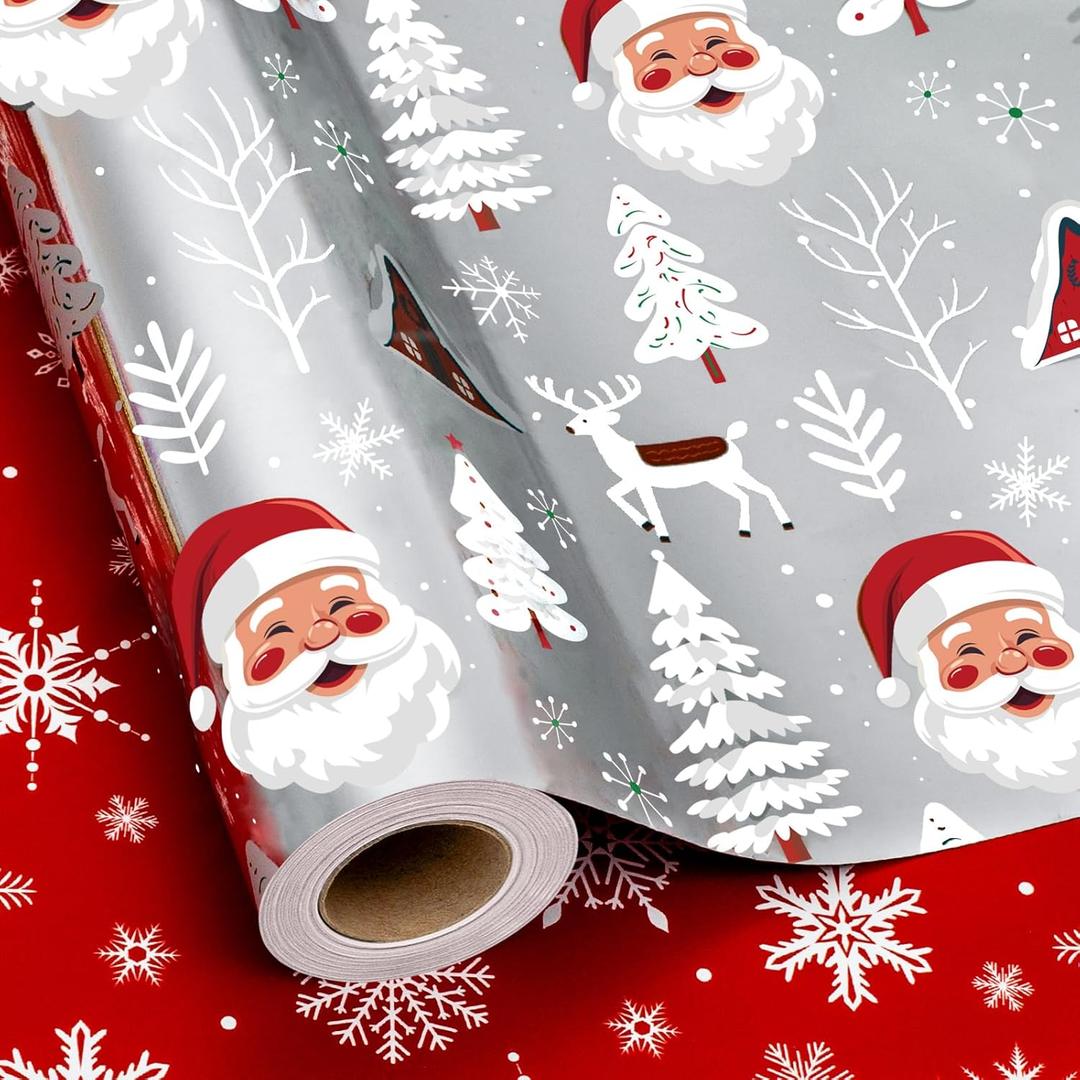 MAYPLUSS Reversible Christmas Wrapping Paper Roll - 17 Inch X 33 Feet - Vintage Santa Claus Silver Christmas Snowy Forest Design w/Metallic Foil Shine Winter Gift Wrap Paper for Holiday, Celebration