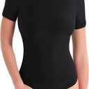 Women's Crew Neck Short Sleeve Bodysuit Slimming Fit T-Shirt Body suit Top Neutral Collection (Large, Onyx Black)