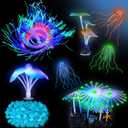 Weewooday 57 Pieces Glowing Fish Tank Decorations Plants with Simulation Silicone Coral Glowing Jellyfish Lotus Leaf Changeable Green Sea Anemone Luminous Stones for Aquarium Fish Tank Ornament