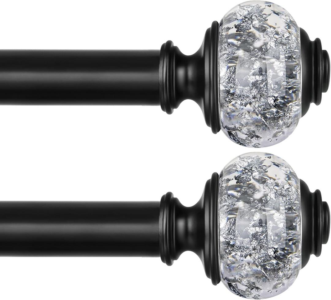2 Pack Black Curtain Rods, 1 Inch Telescoping Drapery Rod 28 to 48 inch (2.3 to 4 ft), USFOOK Curtain Rods for Windows, Silver Translucent Finials