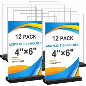 Acrylic Sign Holder 4x6, 12 Pack Clear Double Sided Menu Vertical Display Stand for Restaurants, Office, Store, Show Fair