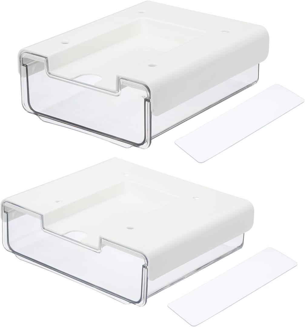 YOKIVE Set of 2 Under Desk Drawer, Self-Adhesive Slide Out Storage Organizer Attachable Drawer Under Desk Organization Shelf for Home Kitchen Office, White