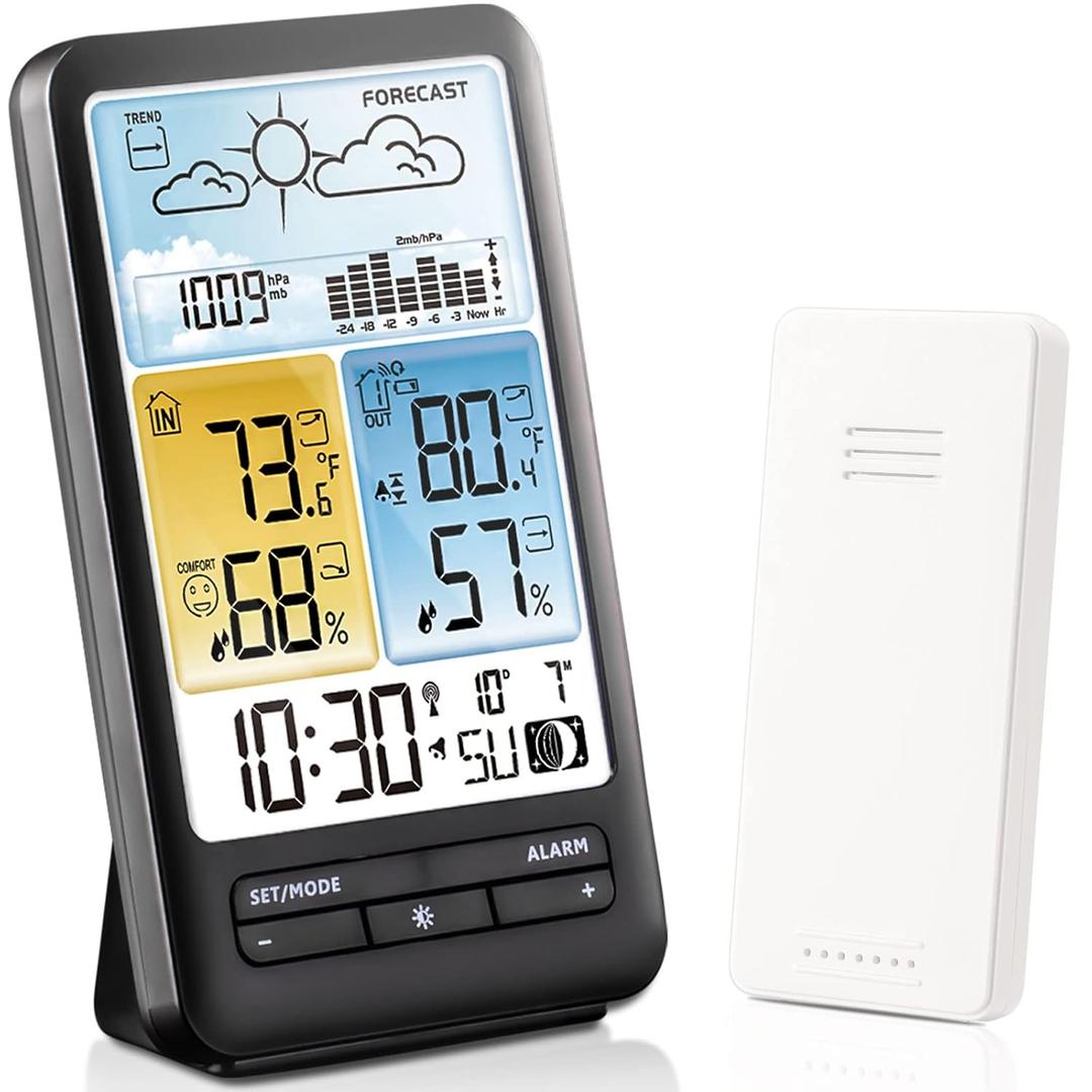 Weather Stations Indoor Outdoor Thermometer Wireless Color Display Temperature Humidity Monitor with Atomic Clock and Adjustable Backlight, Weather Thermometers with Barometer and Moon Phase