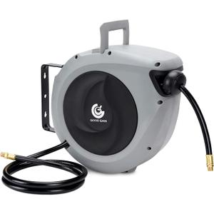 Air Hose Reel Retractable 3/8 in. x 50 ft Hybrid Polymer Hose, Retractable Auto-Rewind Enclosed Heavy Duty 180 Swivel Mount, Max 300PSI Commerical Polypropylene Grey
