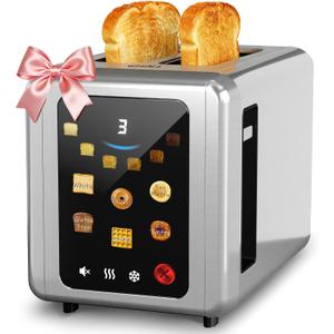 WHALL Touch Screen Toaster 2 Slice, 1.5'' Extra Wide Slot Smart Toaster with Digital Timer, 6 Bread Types & 6 Shade Settings, Crumb Tray, Reheat/Defrost, Stainless Steel Bread Toasters, Silver