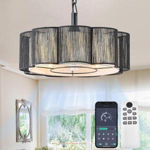 20" Rattan Boho Fandelier Ceiling Fan with Light, (Black)