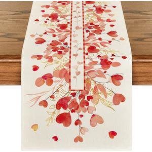 Artoid Mode Red Heart Branch Table Runner, Seasonal Leaf Kitchen Dining Table Decoration for Home Party Decor 13x72 Inch