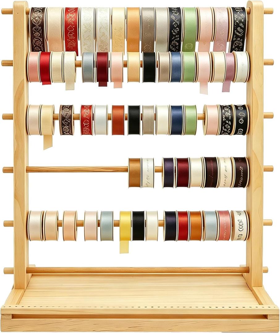 6 Tier Wooden Ribbon Organizer, 20.87 x 15.75 x 7.87 in Ribbon Holder for Craft Ribbon Storage Spool Holder Display Rack for Craft Room Sewing Storage, DIY Projects, Gift Wrapping, Art Supplies