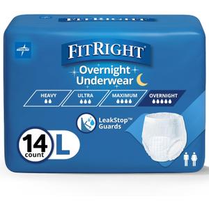FitRight Overnight Unisex Large Underwear, (40-56 in Waist) 14 Count, Maximum All Night Disposable Incontinence Protection, Pull-On Absorbent Underwear for Men and Women, 1 Bag