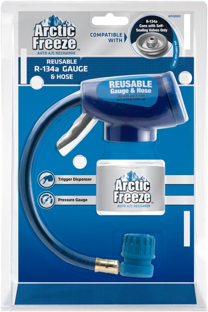 Arctic Freeze Car Air Conditioner Refrigerant Gauge and Hose, Reusable AC Recharge Kit Compatible with R-134A Cans with Self Sealing Valves, InterDynamics