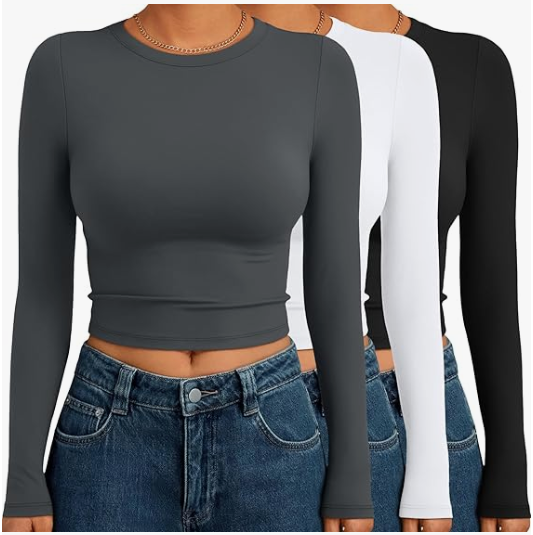 AUTOMET 3 Pack Womens Long Sleeve Crop Tops Basic Fitted T Shirts Slim Fit Crew Neck Y2K Layering Tees,  Grey White Black, Large