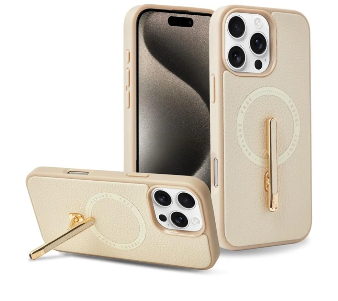 CUSTYPE for iPhone 15 Pro 6.1" Case with Stand, Slim Leather Cover with 2-Way Kickstand, Compatible with MagSafe, Protective Case with Magnetic Feature for Women – Beige