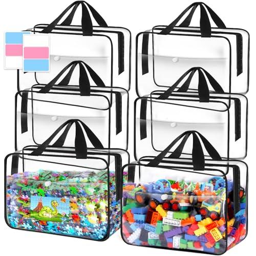 Pydeeirom Toy Storage Bags 3Packs, Kids Toy Storage Organizer with Zipper and Labels, PVC Clear Bags for Board Games, Books, Puzzles, Building Blocks (Large, Black)