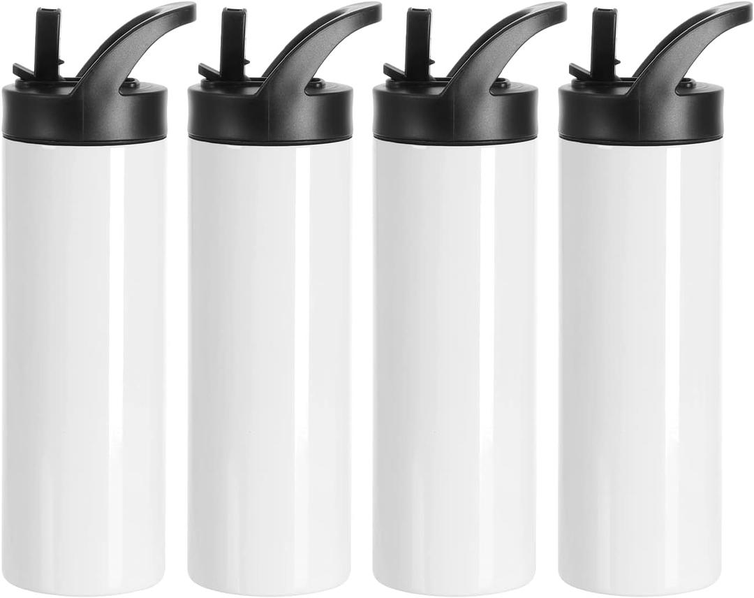 PYD Life 4 Pack Sublimation Tumblers Blanks Cups White 20 OZ Skinny Straight Sports Water Bottles Mugs with Portable Sippy Up Lid with Straw,for Tumbler Heat Press