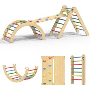 Pikler Triangle Set, 7 in 1 Foldable Climbing Toys Set for Kids, Baby Jungle Gym with Ramp & Arch, Wooden Montessori Climbing Set Indoor for Toddler (Colorful)