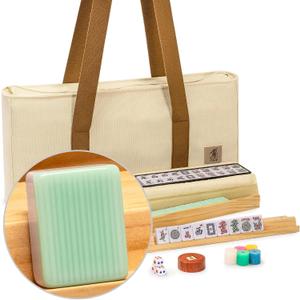Yellow Mountain Imports American Mahjong Set, Jade Horizon 166 Tiles with Wooden Racks & Pushers, Wright Patterson Scoring Coins, Dice, Wind Indicator, and Soft Beige Case, Medium
