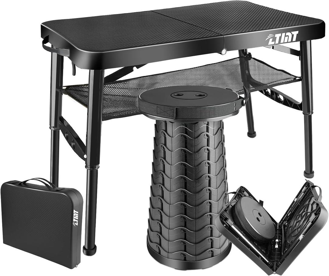 Folding Table and Stool, Small, Black, 4 Foot Outdoor Portable Table, Adjustable Height, Camping, Picnic, RV Table, 55lbs Load-Bearing, Lightweight