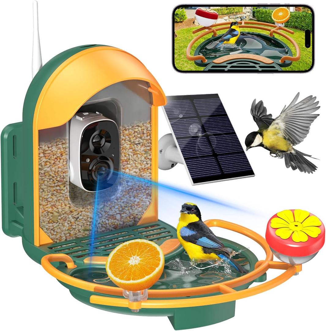 Bird Feeder with Camera, AI Recognition, Bird Bath, Solar Powered