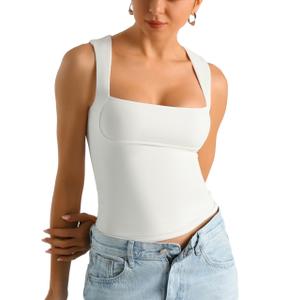 HOYAYO Double Lined Tops for Women Y2K Tank Top Sleeveless Square Neck Casual Slim Fit Basic Fitted T-Shirts White XL