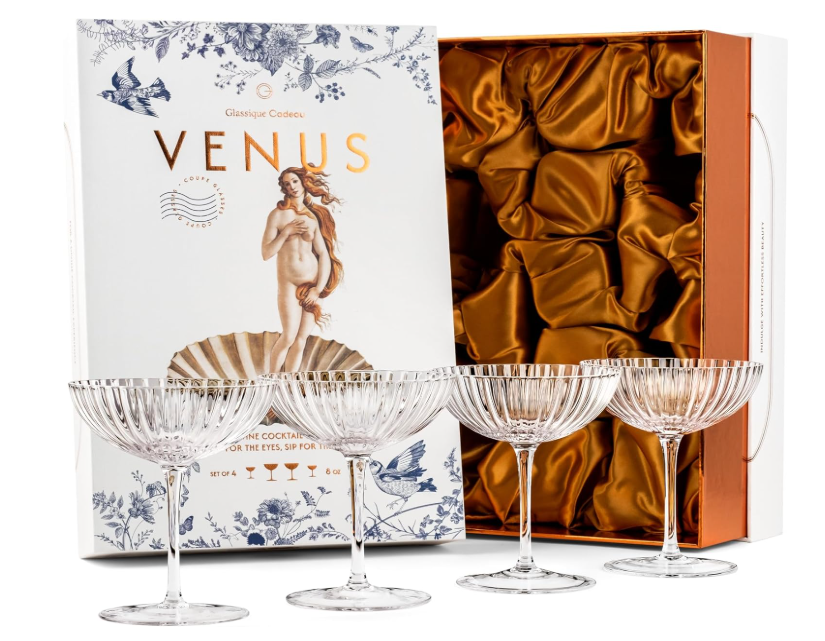 Venus Seashell Coupe Cocktail Glasses | Set of 4 | 8 oz Crystal Ribbed Champagne Saucers for Drinking P-Star and Espresso Martini, Margarita, Daiquiri, Cosmopolitan, Gimlet | Elegant Gift Glassware