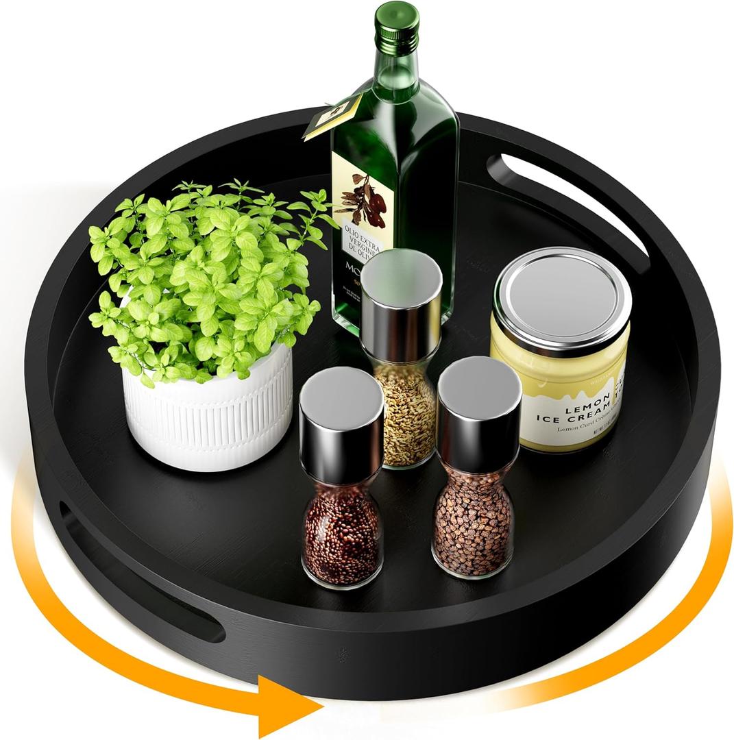 Lazy Susan Organizer Homerays 12 Inch Non-Skid Bamboo Lazy Susan for Kitchen Rotating Spice Rack with Handles, Wood Turntable for Kitchen Cabinet,Countertop (Black, Medium)