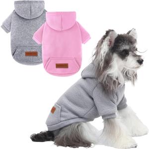 2 Pack Dog Hoodie Warm Hood Dog Sweater Cold Weather Small Dogs Sweatshirt Comfort Pet Clothes for Small Medium Dogs with Pockets (Grey+Pink, S (Back: 9.45",Chest: 14.9", 3.5-5.8lbs))