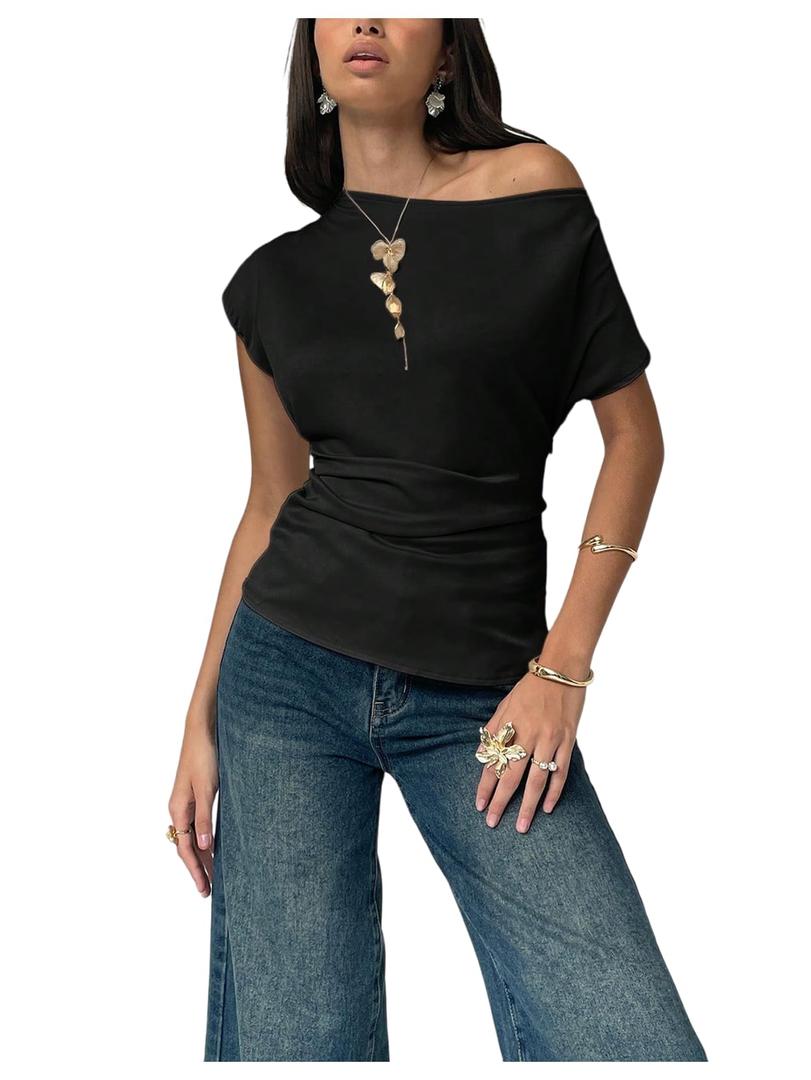 SOLY HUX Women's Off The Shoulder Top Short Sleeve Asymmetrical Fitted T Shirts Going Out Summer Tees Pure Black Medium