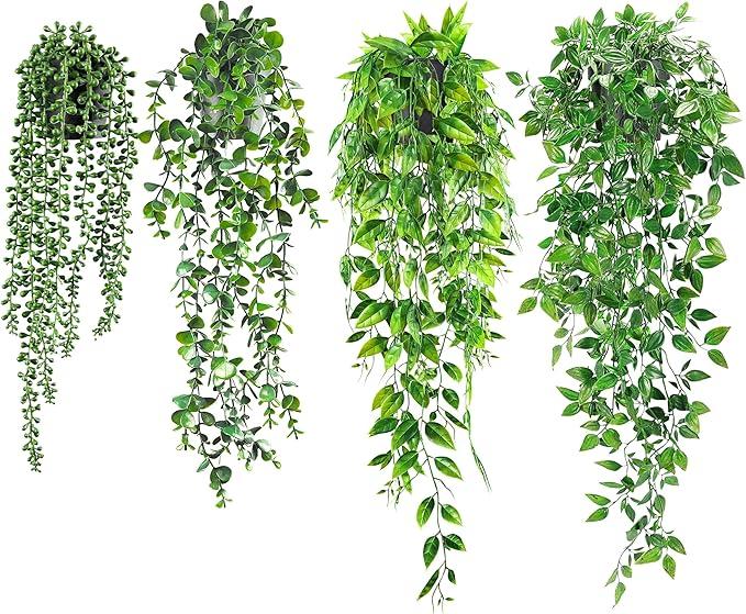 USLAI Artificial Hanging Plants Vine, Fake Potted Greenery Faux Eucalyptus, Mandala, String of Pearls, Pea Pod Leaves in Pot for Office Living Room Bathroom Indoor Outdoor Décor (4 Pack)