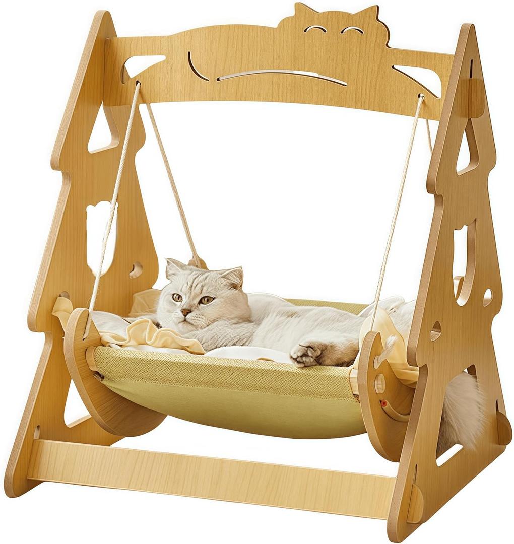 2-in-1 Wooden Cat Hammock, Comfortable and Breathable Hanging Cat Bed with Soft Mattress and Pillow. Suitable for Cats or Small dogs