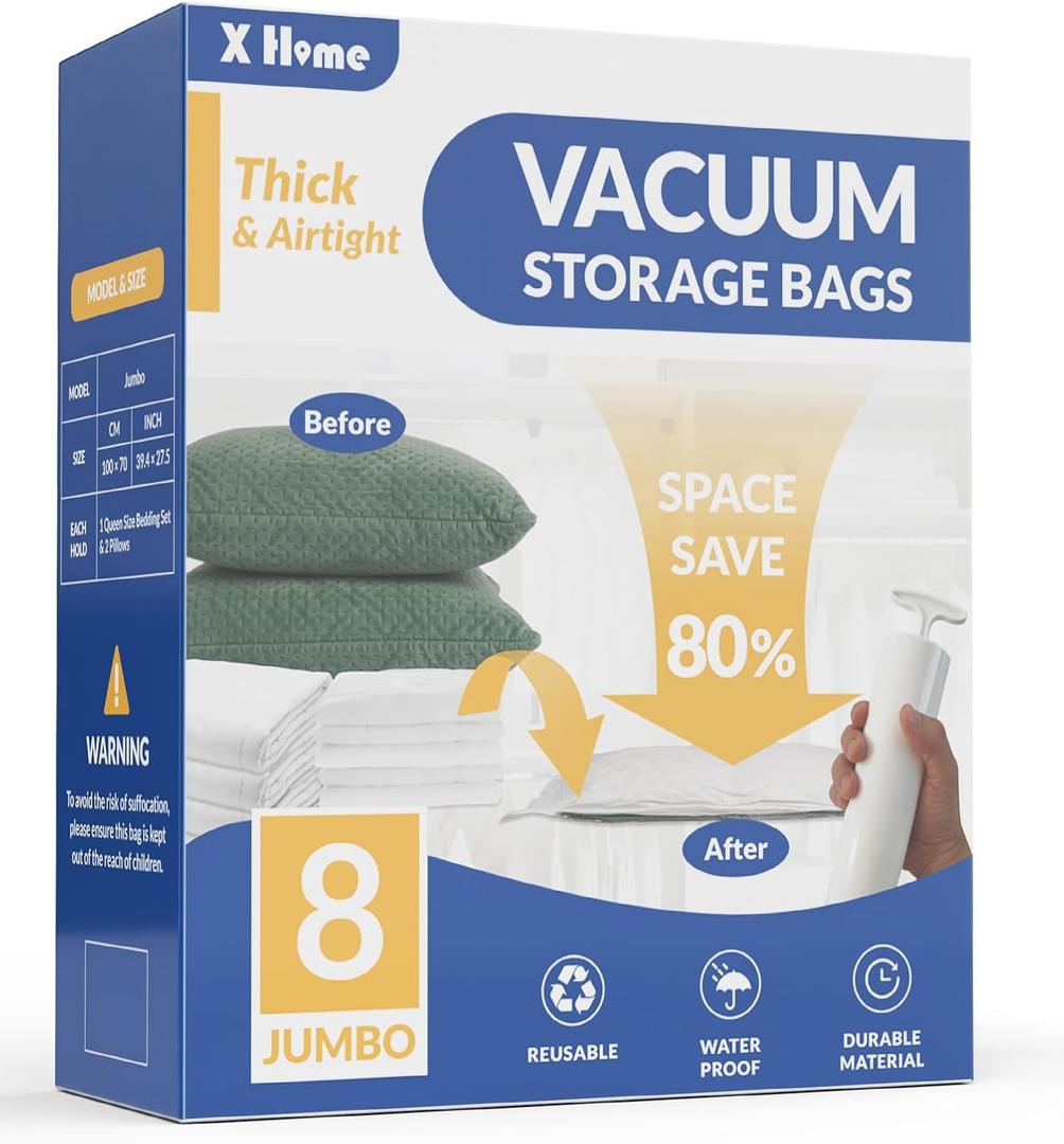 8 Pack Jumbo Vacuum Storage Bags, 80% Space Saver Vacuum Seal Bags for Clothing Bedding, Blankets, Comforters, Duvets, Quilts, and Pillows, Vacuum Compression Bags with Travel Hand Pump