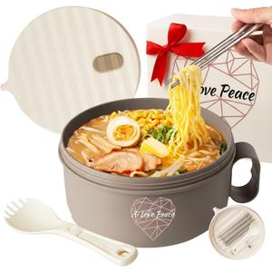 AI LOVE PEACE Ramen Bowl, 40 oz Microwaveable Noodle Cooker for Ramen, Pho, Soup, and Pasta, Dishwasher Safe and Portable, Ideal for Home, Office, Dorm, or Gift (Beige)