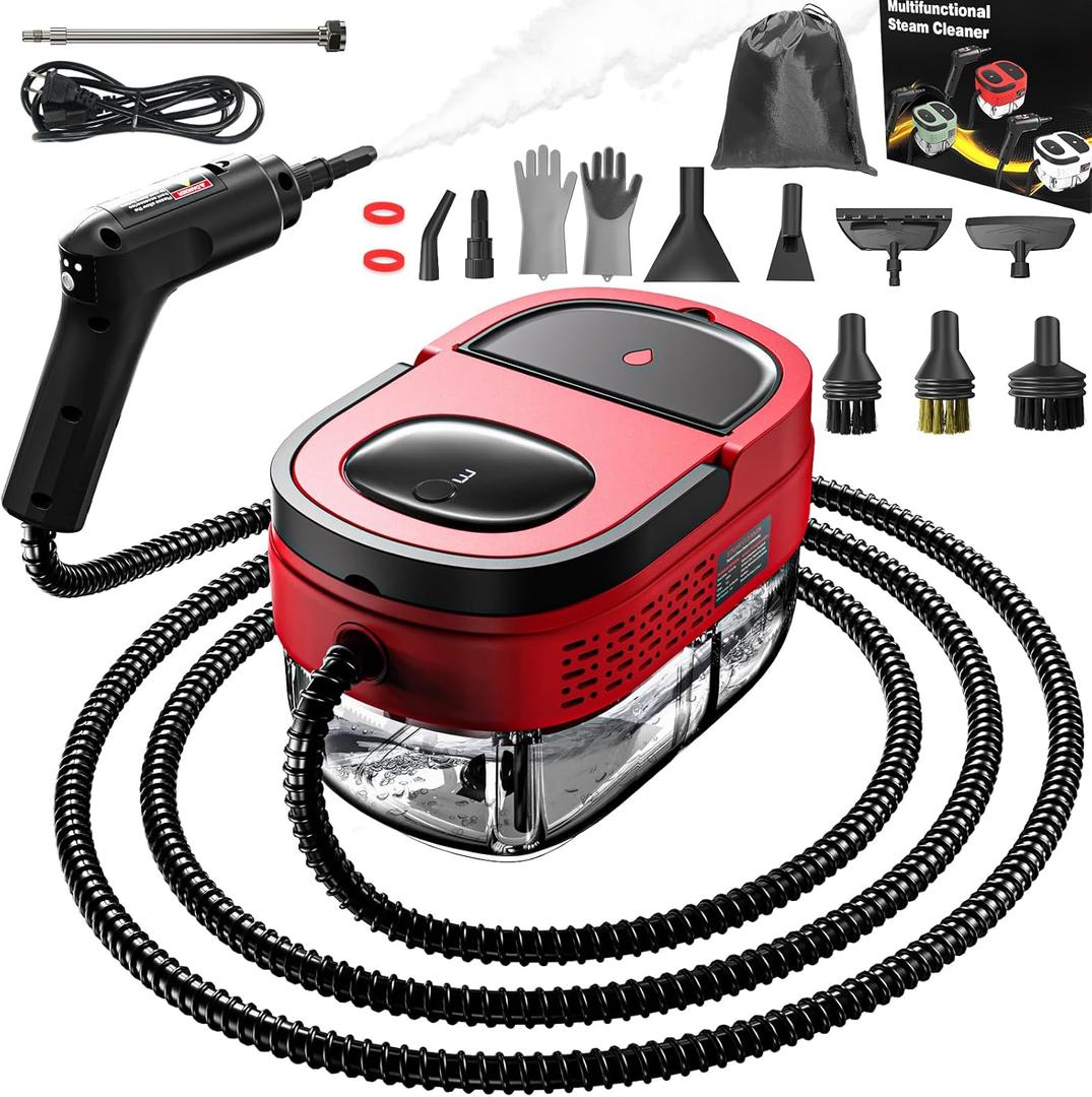 Handheld Steam Cleaner for Home, 2500W High Pressure Steam Cleaner for Car Detailing, 3 Steam Levels, 1600Ml Tank, High Heat Steamer for Bed Bugs, Couch, Furniture, Kitchen, Bathroom, Floors (Red)