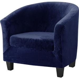 MIFXIN Tub Chair Slipcover 2-Piece Stretch Club Chair Cover with Cushion Cover Spandex Round Barrel Chair Couch Armchair Furniture Protector for Living Room Hotel (Velvet Navy)