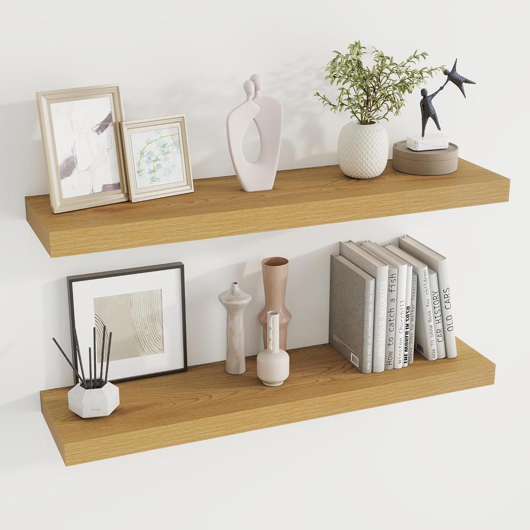 Dreamland 36 inch Floating Shelves Wall Shelves for Office with Invisible Brackets, 8 inch Deep Shelves for Bathroom, Living Room, Kitchen, Office, 36x7.9 inch deep Set of 2, Oak