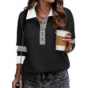 Zeagoo Sweatshirt for Women 2025 Color Block Fall Shirts V Neck Tops Loose Fit blouses long sleeves Polo Pullover Black L