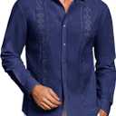 Makkrom Men's Casual Cotton Linen Button Down Shirts Cuban Guayabera Shirt Long Sleeve Summer Beach Tops (Medium, Navy)
