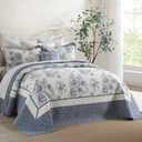 SOElinens Oversized King Bedspread 120x120 - Botanical Floral Farmhouse Reversible California King Quilt Set, 3-Piece Lightweight Thin Comforter Coverlet Set, 100% Cotton, Cal King, Blue/Off White
