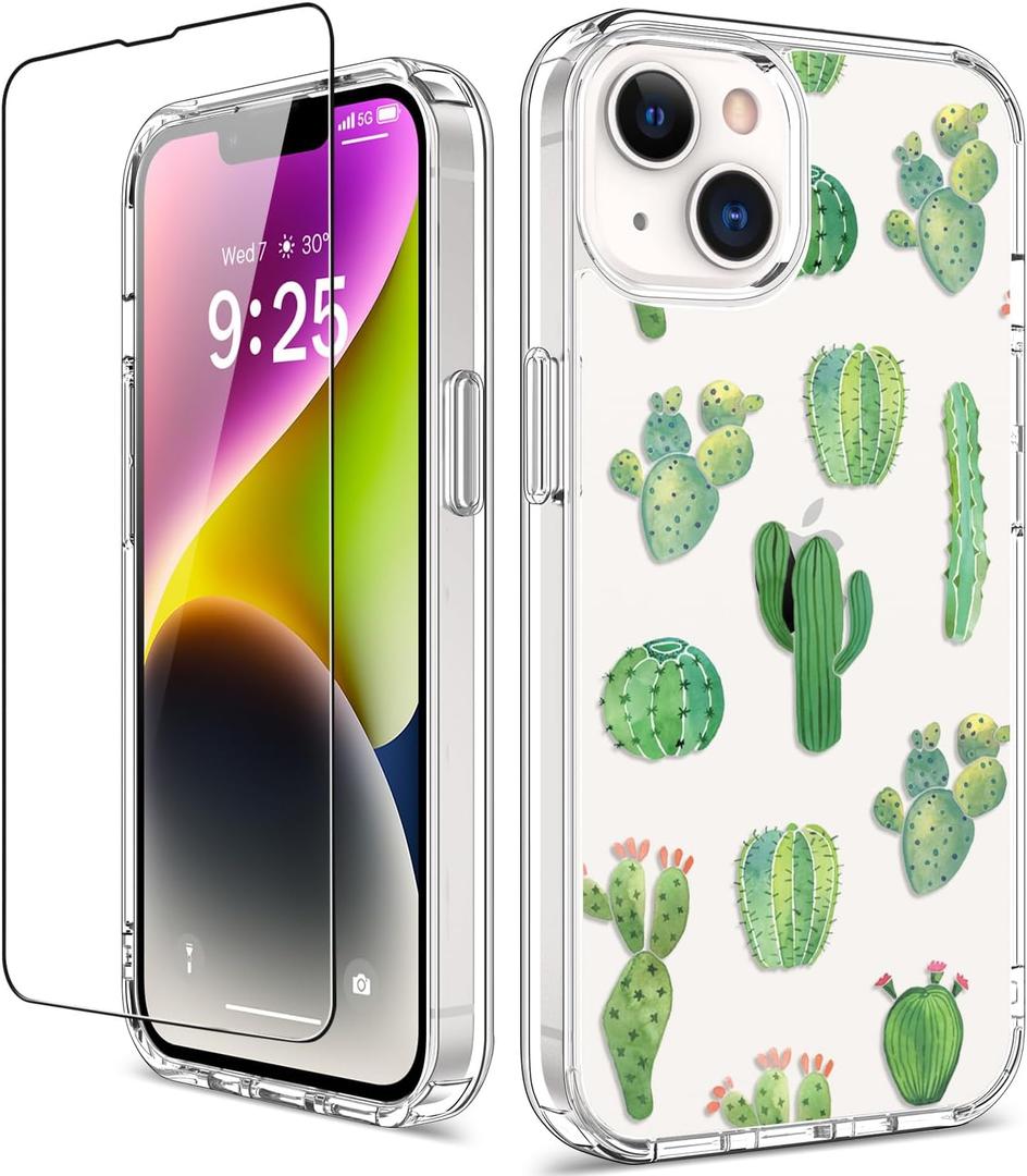 GiiKa for iPhone 14 Plus Case with Screen Protector, 6.7" Clear Full Body Shockproof Protective Floral Girls Women Hard Case with TPU Bumper Cover Phone Case for iPhone 14 Plus, Green Cactus