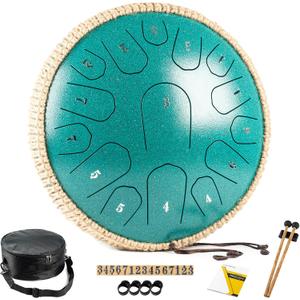 HOPWELL Steel Tongue Drum - 13 Inches 15 Notes Tongue Drum - Hand Pan Drum with Music Book, Handpan Drums Mallets and Carry Bag, D Major (Malachite Green)