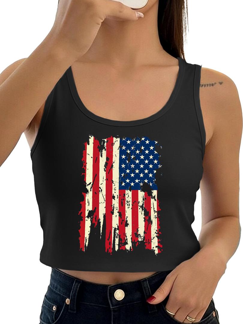 NEWKA USA Crop Tops for Women American Flag Tank Top Patriotic 4th of July Sleeveless Shirt, L